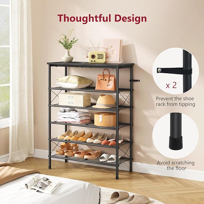 6 Tier Shoe Rack for 20-24 Pairs of Shoes, Black | Sturdy & Durable, X Shape Fixed Frame, Metal Mesh Shoe Shelf, Industrial, For Closet, For Entryway Shoe Storage