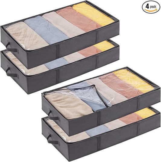 Lifewit 4 Pack UnderBed Storage Bags with Lid, Clothes Storage Boxes Foldable Under bed Storage Organizer with Reinforced Handle Thick Fabric Clear Window for Clothes Blankets Shoes, 65L, Grey