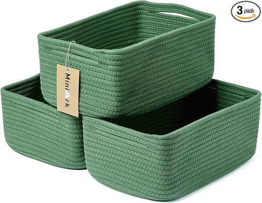 MiniArk Small Storage Baskets for Organizing | Closet Organizer Bins | Shelf Toy Basket | Woven Rope Baskets | Cube Decorative Box | Shallow Basket | 13x8.5x5.1” | 3 Packs Green