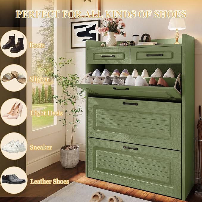 ODUWA Shoe Cabinet with 3 Flip Drawers and 2 Storage Drawers, Shoes Organizer Cabinets with Adjustable Divider, Hidden Shoe Rack Shoe Storage Cabinet for Entryway, Hallway, Green