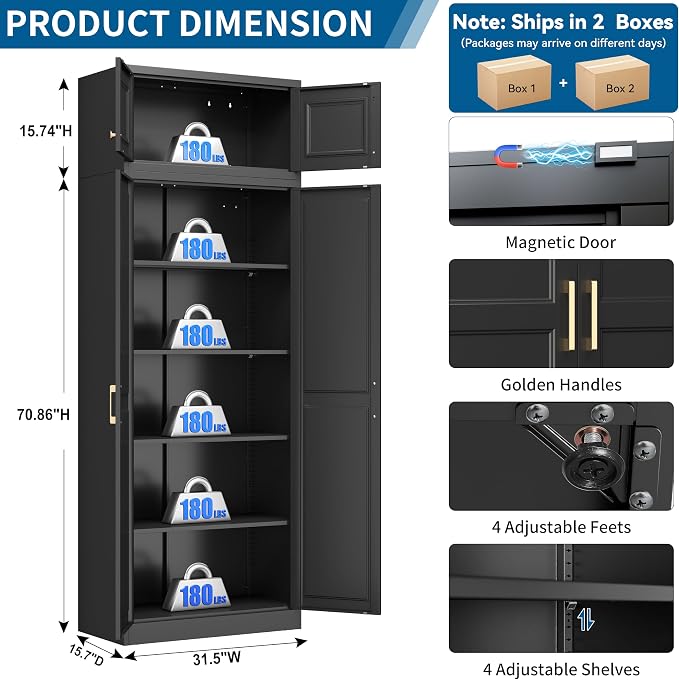 86" Tall Black Metal Storage Cabinet with Doors (2 Boxes) | Freestanding Heavy Duty Steel Kitchen Pantry Cabinet, 4 Adjustable Shelves, Extra Large Cupboard for Home, Office and Garage