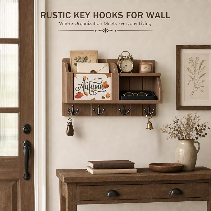 Rebee Vision Key Holder Wall Mount with Chalkboard for Home Decor, Brown | Key Holder for Wall, 4 Key Hooks, Floating Shelf, Mail Organizer, Key Hanger, Mail Organizer, Practical Everyday Organization