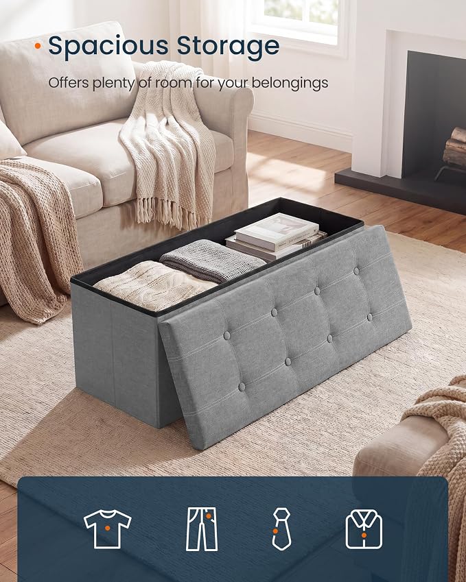 SONGMICS Home Storage Ottoman, 35 Gallons End of Bed Bench, 15.2 x 43.2 x 15.2 Inches, for Bedroom, Entryway, Living Room, Light Gray