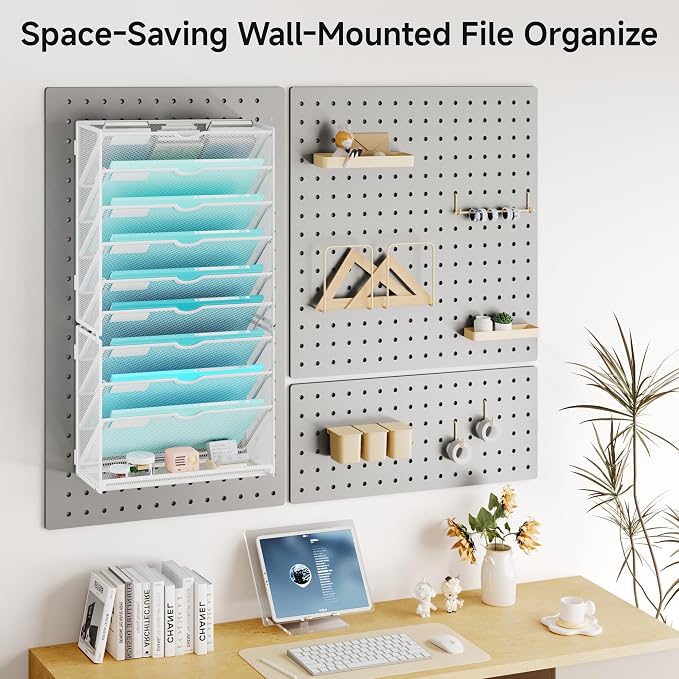 Lavatino 10-Tier Hanging Wall File Folders Organizer - White Metal Mesh Paper Magazine Document Mail Holder File Organizer for Office School Home Wall Mount or Desk Supplies Organization