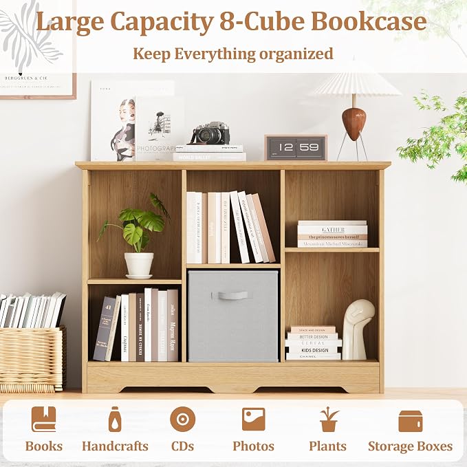 6 Cube Storage Organizer Shelf, Wood Cubby Storage with 3 Fabric Drawers | 2 Tier Wooden Bookshelf with 2 Adjustable Shelves, Fluted Side Panels Bookcase for Bedroom, Living Room, Home Office, Wood