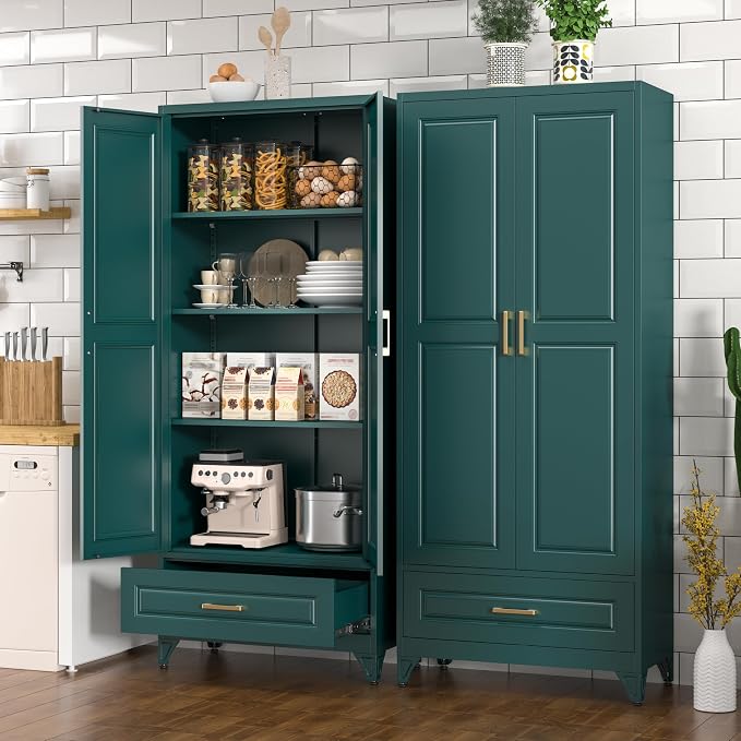 Polup 75" Metal Storage Cabinet, Tall Kitchen Pantry Cabinet with 1 Drawer | Green Heavy-Duty Steel Cupboard, 2 Doors, 3 Adjustable Shelves, Magnetic Latch, Gold Handles, for Dining Living Room, Laundry
