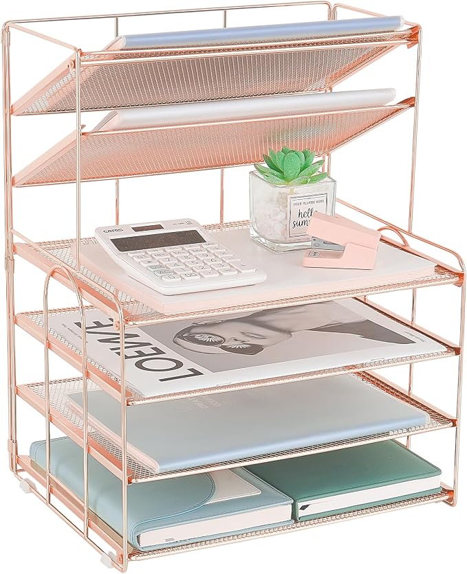 OPNICE Desk Organizers and Accessories, 6-Tier Letter Tray Paper Organizer, Desktop File Organizer, Office Desk Accessories for Office Supplies (Rose Gold)