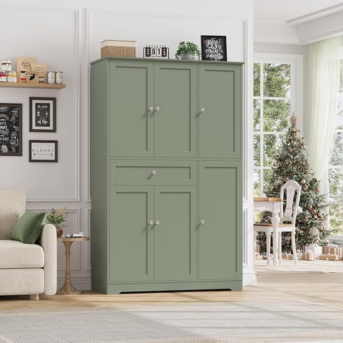 HOSTACK 68" Tall Kitchen Pantry Storage Cabinet with Doors & Shelves, Green | Large Pantry Cabinet with Door Rack, Freestanding Kitchen Storage Cabinet with Drawer, Food Pantry for Dining Living room