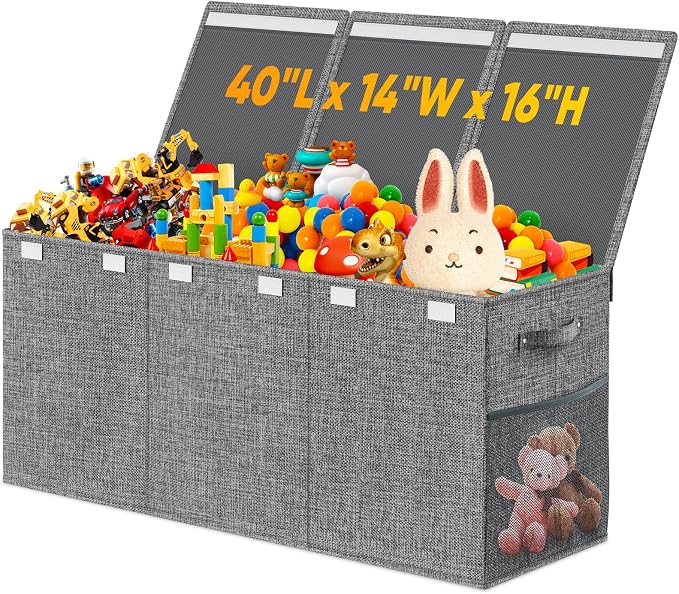 Rocamdo Large Toy Storage Box with Lid & Dividers, Kids Toy Chest, Gray | Toy Box for Boys, Girls, Nursery, Bedroom, Living Room, Playroom, 40X14X16 inches