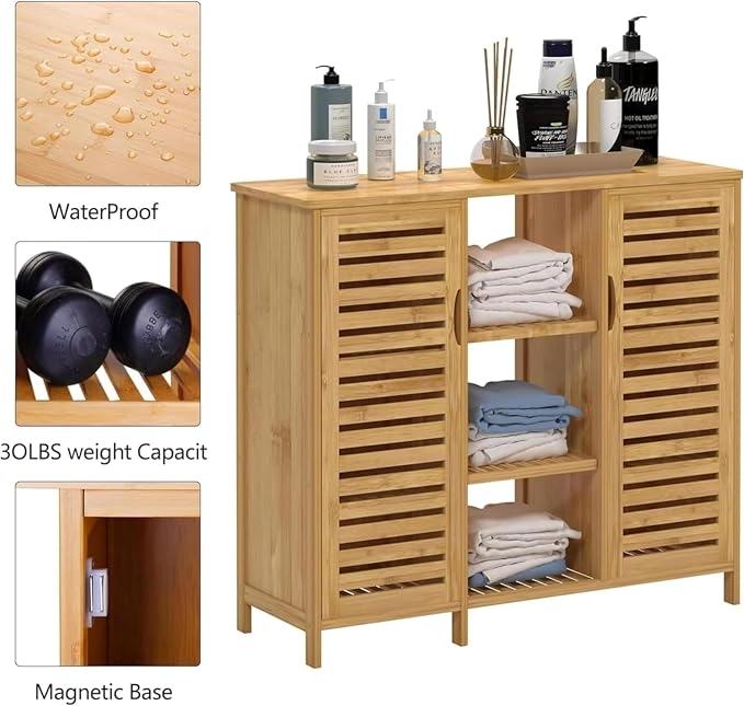 RoyalHouse Bamboo Floor Cabinet with 2 Shutter Doors and 3 Open Shelves, Freestanding Organizer for Bathroom, Kitchen, Living Room, Eco-Friendly and Durable, Brown
