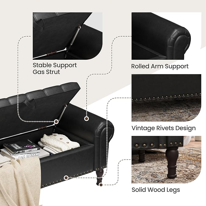 YOUDENOVA 51” Ottoman with Storage, Upholstered Storage Ottoman Bench with Rolled Arms, PU Leather Storage Bench for Bedroom, Living Room, Entryway, Black