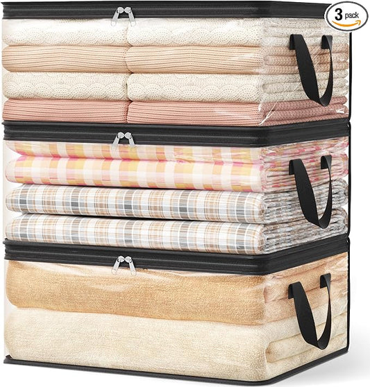 Lifewit 3 Pack Clear Clothes Storage Bags, 35L Plastic Blanket Vinyl Foldable Moving Bags with Zipper, Closet Organizers and Storage Containers for Bedding, Duvet, Pillow