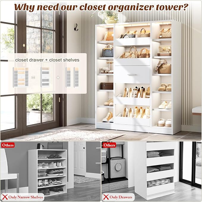 Besiost Shoe Cabinet with 12 Shelves & 5 Drawers, Wood Shoe Rack with Light | Holds Up to 30+ Pairs of Shoes, Vertical 40" W Shoe Storage Cabinet for Entryway, Hallway, Walk-In Closets, White