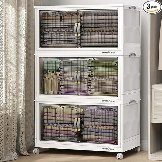 BROVIEW 360 Qt Stackable Storage Bins with Lid, Plastic Closet Organizers and Storage Drawer, Collapsible Storage Box with Wheels, Folding Storage Cabinet for Closet Clothes Organization, 3Pack White
