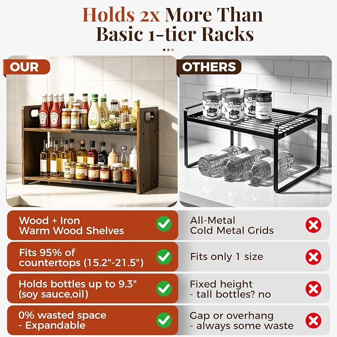 2-Tier Expandable Spice Rack Organizer for Countertop,15.2"-21.5" | Metal & Wood ,Adjustable Height Spice Racks Shelf for Counter Cabinet Coffee Station, Space-saving Kitchen Storage Shelves