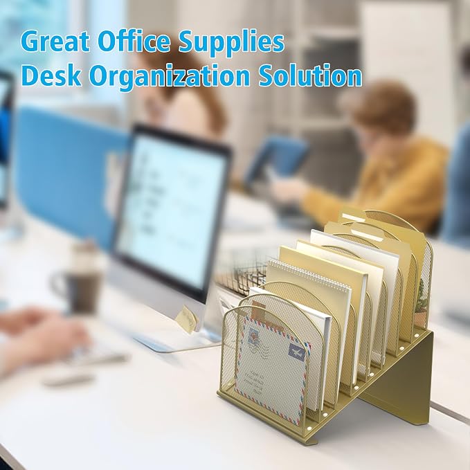 Inclined Desk File Organizer, 8-Section Upright Desk Organizer Standing File Sorter for Office Classroom Desktop Organization (Gold, 8)