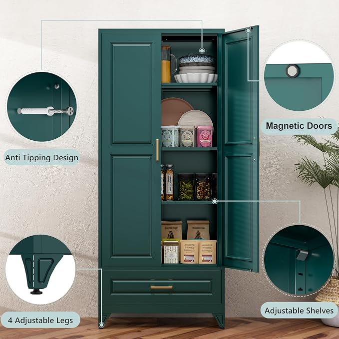 IMELESS Pieces 75" Tall Metal Storage Cabinet with Drawers & Doors,Green | Freestanding Steel Kitchen Pantry Cabinet, 3 Adjustable Shelves (180 Lbs Load), Tall Cabinets for Home, Office and Garage