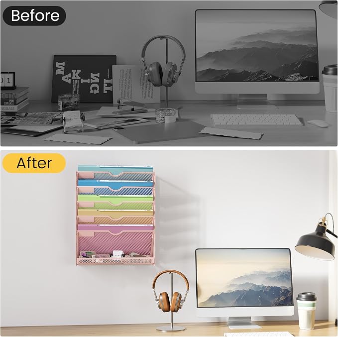 Pink Desk Organizer, Hanging Wall File Organizer with 6 Tiers | Metal Mesh Magazine & Mail Holder for Office Desk, Wall Mount Document Organizer for Home Decor