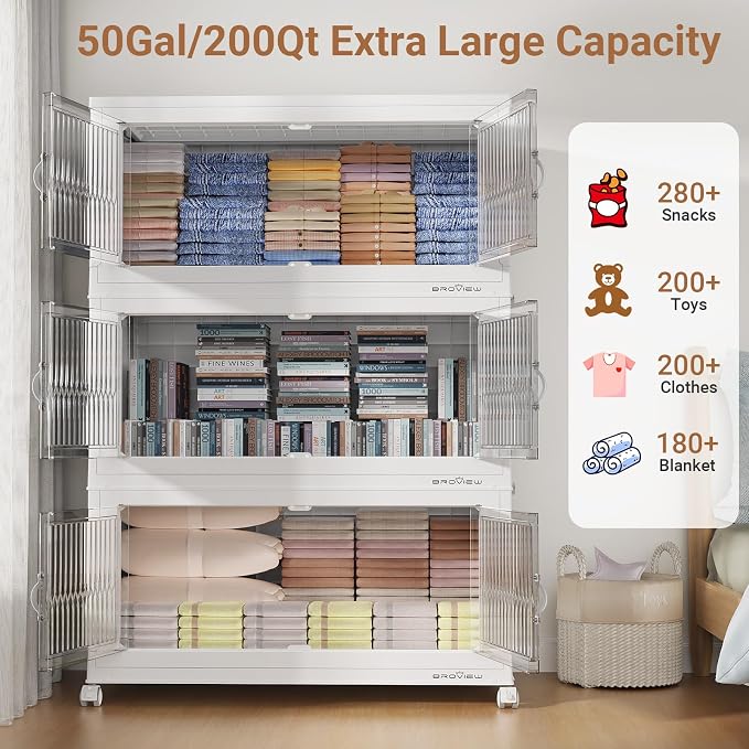 BROVIEW 800 Qt Extra Large Stackable Storage Bins with Lid, Plastic Closet Organizer and Storages Drawer, Collapsible Storage Box with Wheel, Folding Storage Cabinet for Closet Organizing, 4Pack White