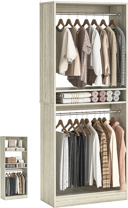 Unikito 25” Closet System, Freestanding Closets Organizer Wardrobe with Hanging Rods and Shelves, Adjustable Clothes Garment Racks, Sturdy Walk in Closet Tower, 25" W x 16" D x 80" H, White Oak