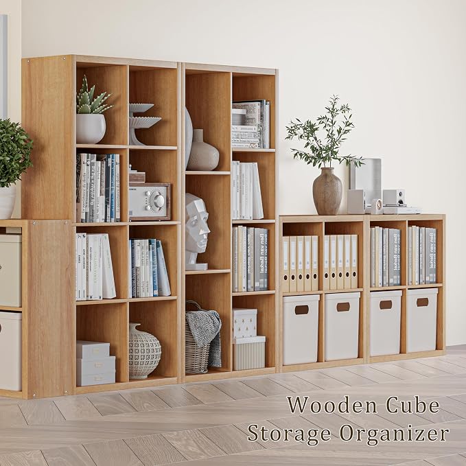 VDNEND Cube Storage Organizer Bookcase, Decorative 11 inch Open Back Cubical Shelf with Thickened Border, Display Bookshelf for Living Room, Home Office, Sturdy Room (Natural Oak, 7 Cube,Standard)