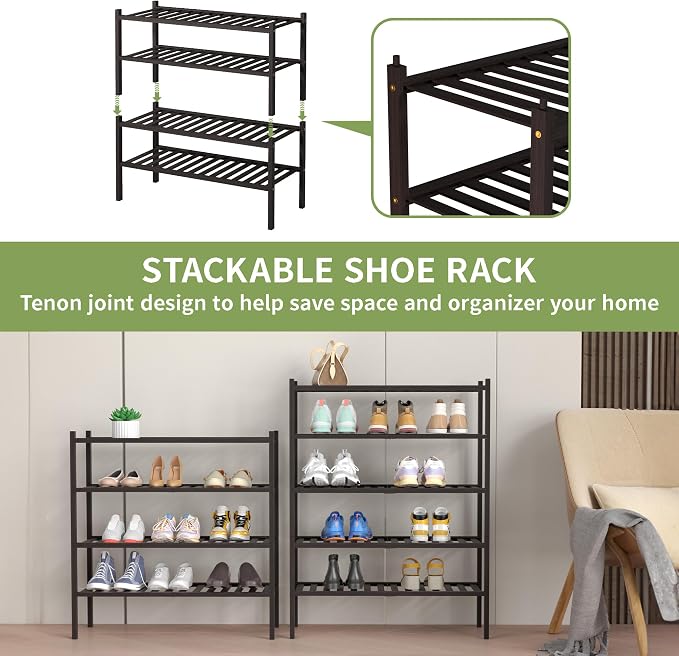 ROMGUAR CRAFT 4 Tier Bamboo Shoe Rack for Closet Free Standing Wood Shoe Shelf for Entryway Small Space Stackable 27"x11"x26" (Brown)