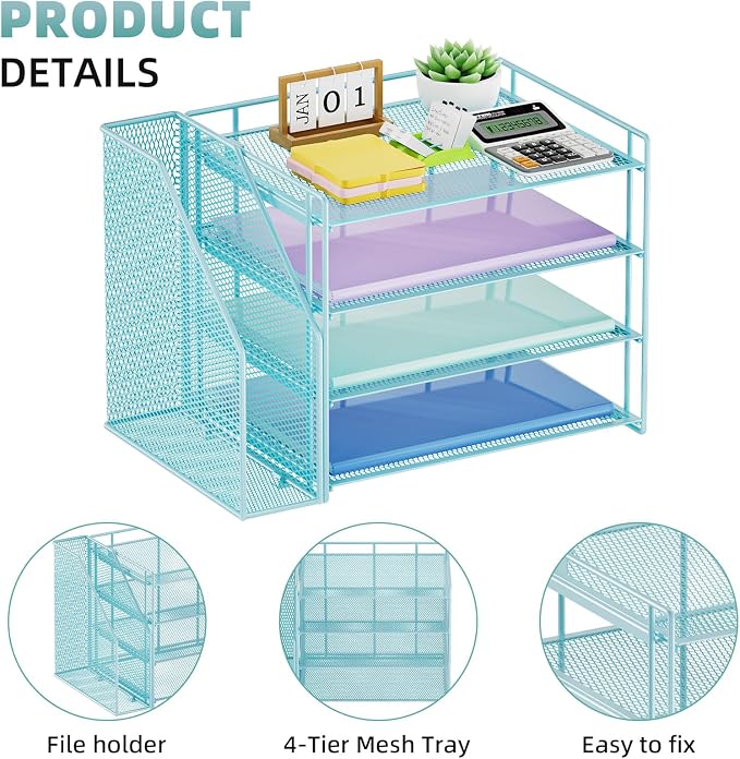 Marbrasse 4-Tier Paper Tray Organizer with File Holder, Blue | Sturdy Paper Tray, Built-in File Holder, fits Letters/Docs, Saves Desk Space, for School/Office/Home