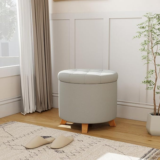KROFEM 18" Round Storage Ottoman with Reversible Tray Top,Tufted Footrest Stool for Living Room,Bedroom or Office,Gray