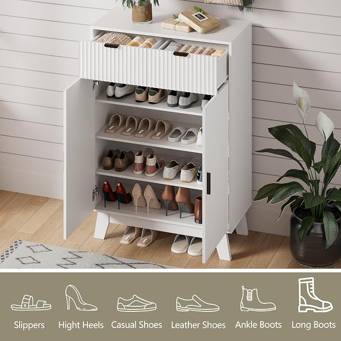 HUANLEGO Shoe Cabinet Storage for Entryway with Doors, White | 4 Tier Fluted Shoe Organizer with 2 Drawers, Shoe Storage with Adjustable Shelves, Freestanding Hidden Shoe Rack for Entryway