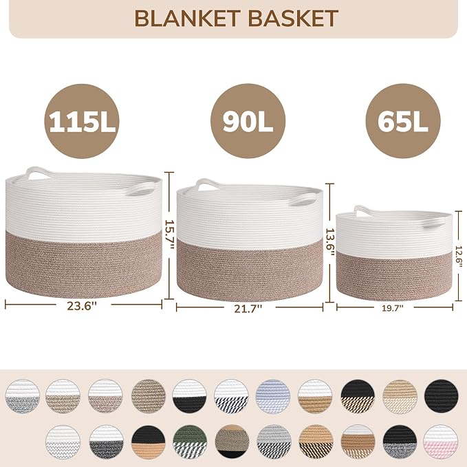 INDRESSME 115L Extra Large Woven Rope Blanket Basket Living Room Blue | 23.6" x 15.7" Storage baskets for toys laundry & pillows. Fits living room, bedroom or nursery décor. Soft-touch with handles