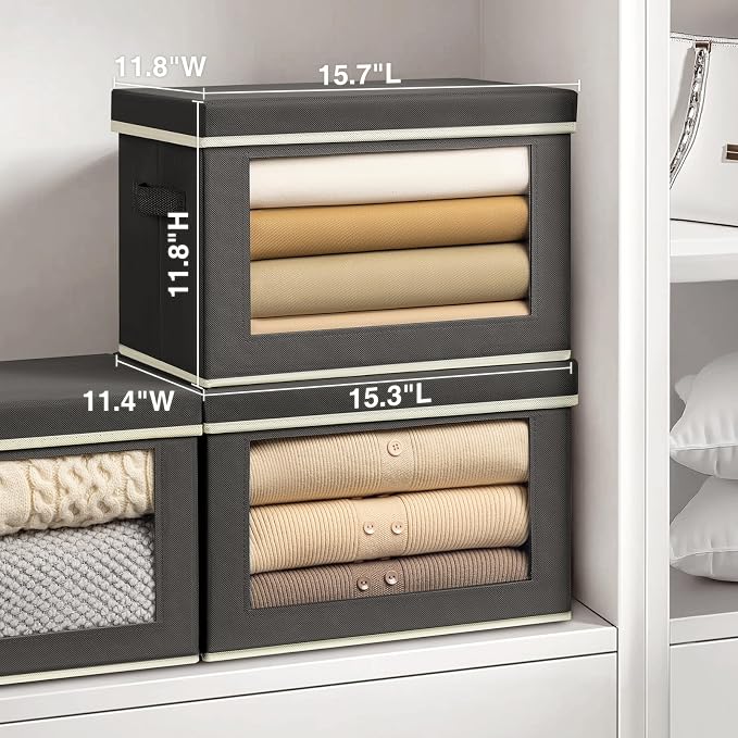 Homsorout Stackable Storage Bins with Lids - Large Storage Box with Lids, Foldable Closet Boxes for Organizing, Wardrobe Clothes Organizer with Window, Cubes Bins for Living Room, 4 Pack, Dark Grey