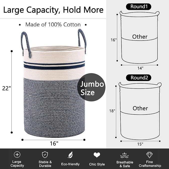 YOUDENOVA Cotton Rope Laundry Hamper Basket, 72L Blanket Basket for Nursery | Large Woven Laundry Hamper with Sturdy Handles, Collapsible Home Decor Laundry Basket for Laundry, Clothes, Toys in Bedroom