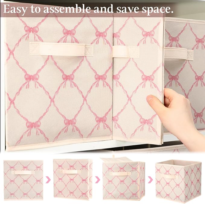 6 Pcs Beige Bow Cube Storage Bins 11 Inch Storage Basket with Handle, Preppy Girls Organizer Basket, Collapsible Fabric Box for Classroom Bedrooms Office Home Decoration Gift