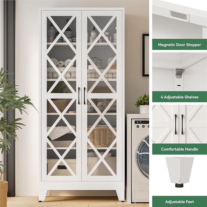 Bevivog 71" Tall Display Cabinet with Glass Doors, Farmhouse Metal Storage Glass Cabinet with 4 Adjustable Shelves, White Vintage Storage Cabinet for Collectibles,Curio, Books, Chinaware, Figures