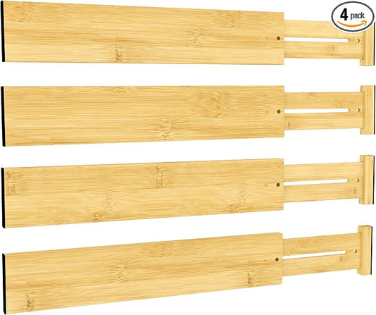 BAMEOS Bamboo Expandable Drawer Dividers – Fits 16.65"–22" Drawers, 3" Deep Walls, Set of 4 | Taller Spring-Loaded Separator Keeps Items Upright in Kitchen & Dresser Drawers