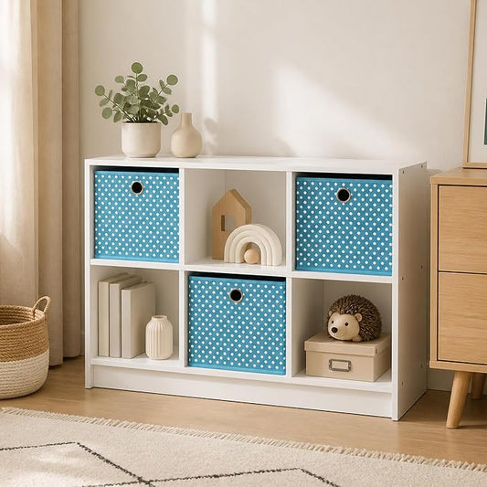 6-Cube Bookshelf with Storage Bins, Cube Bookcase, Book Shelf with Storage Bins, 11.9 x 31.6 x 23.6, for Living Room, Home Office, Light Blue