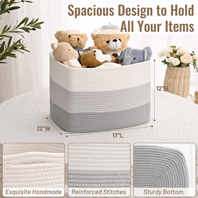 3 Pack Cube Storage Bin, 17”x12”x12” Cotton Rope Woven Baskets for Organizing Toys Clothes Towels, Square Gift Storage Baskets for Shelves, Nursery, Closet, Bathroom, Pantry (Gradient Grey)
