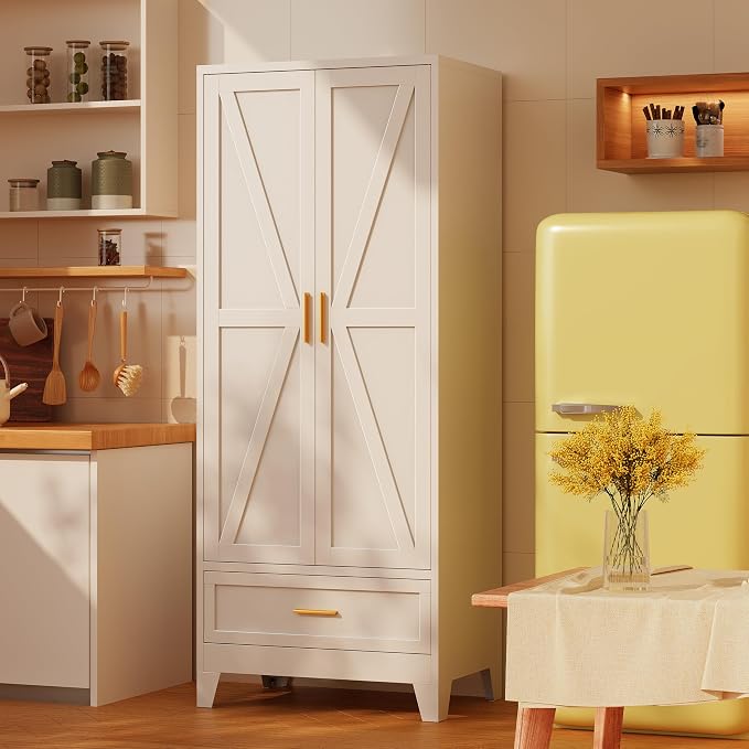 71“H Kitchen Pantry Cabinet with Drawers,Tall Kitchen Pantry Cabinets,Metal Food Storage Cabinets, White Pantry Cabinet with 4 Doors, Large Freestanding Cabinets for Dining Room, Living Room