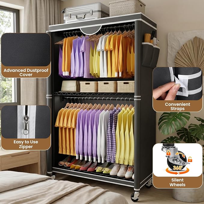 Clothes Rack With Cover, Heavy Duty Clothing Rack for Hanging Clothes | Rolling Garment Rack with Lockable Wheels, Metal Clothing Rack, Portable Closet 35.4"W x 17.1"D x 71.8"H, Hold 425 lbs, Black