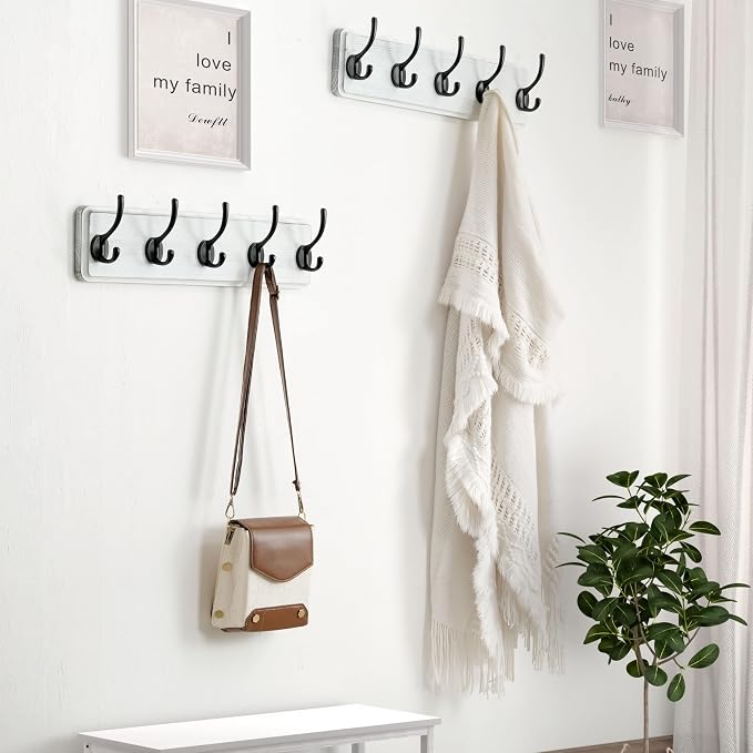 Coat Rack Wall: Patented, Heavy-Duty, 17.4" Long 5-Double-Hooks Wooden Wall Mounted Coat Rack Coat Hanger Hook Rail for Winter Coats Hat Jacket Clothing, White & Black