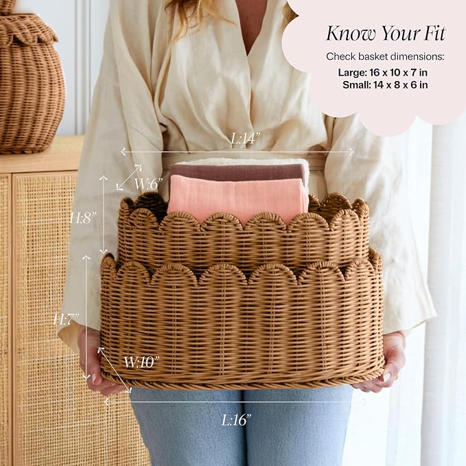 BEBE BASK Premium Scalloped Basket Set of 2 (16x10x7 In) - Storage Baskets | Handwoven Rattan, Scallop Basket, Wicker Basket With Scalloped Edge, Nursery Storage, Set of 2, Mocca