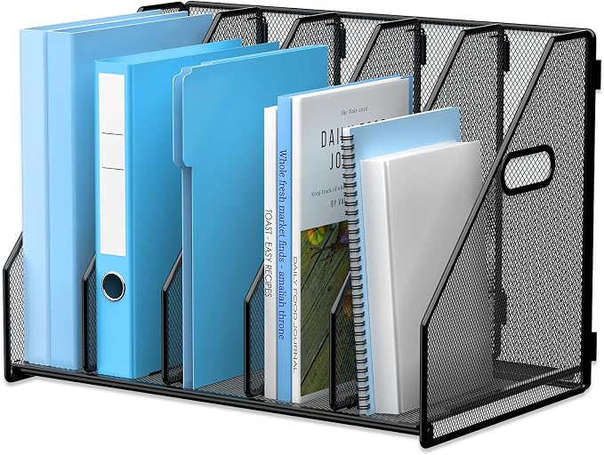 MINDEPOT Desk File Organizer Folder Holder with 5 Vertical for Office Black | Sturdy Metal Mesh, Magazine Folder Holder, Rack File Organizer for Home School, 5 Vertical Compartments