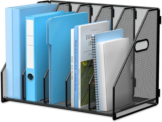 MINDEPOT Desk File Organizer Folder Holder with 5 Vertical for Office Black | Sturdy Metal Mesh, Magazine Folder Holder, Rack File Organizer for Home School, 5 Vertical Compartments