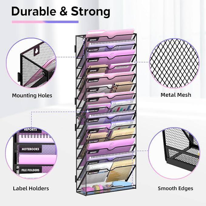 15-Tier Wall File Organizer with Base, Wall Mounted File Holder | Vertical Hanging File Organizer with Open Compartments and Label Holders for Mail, Folders and Paperwork at Home or Work