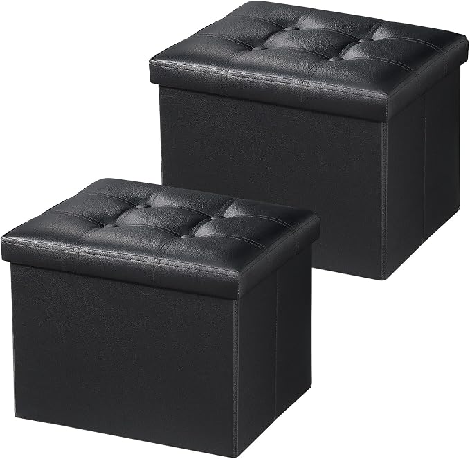 Bsketa 2PC Storage Ottoman, Folding Foot Stool with Thicker Foam Padded Seat Small Leather Storage Ottoman Bench Foot Rest for Living Room Foldable Coffee Table 17x13x13in,Black | Ottoman with Storage, Thicker Foam Padded Seat, Living Room, Dorm, Bedro...