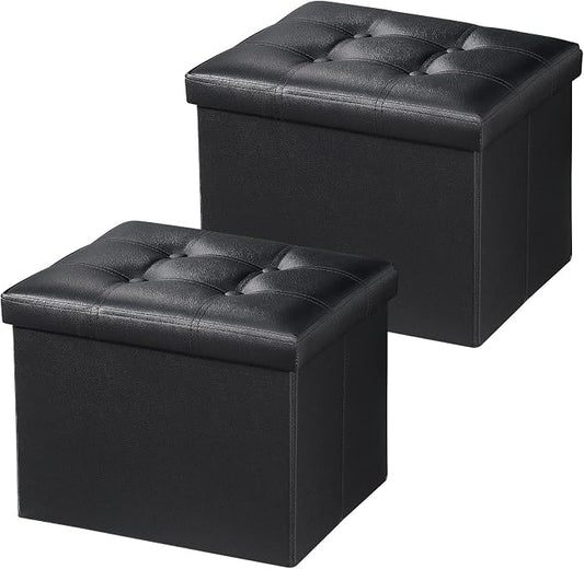 Bsketa 2PC Storage Ottoman, Folding Foot Stool with Thicker Foam Padded Seat Small Leather Storage Ottoman Bench Foot Rest for Living Room Foldable Coffee Table 17x13x13in,Black | Ottoman with Storage, Thicker Foam Padded Seat, Living Room, Dorm, Bedro...