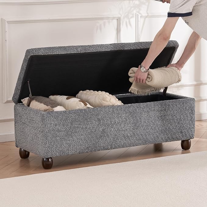 Boucle Storage Ottoman Bench, with Hidden Storage and Solid Wood Legs | Modern End of Bed Bench, Rectangle Footrest, Hidden Storage, Solid Wood Legs, Bedroom, Living Room and Entryway Use, Grey