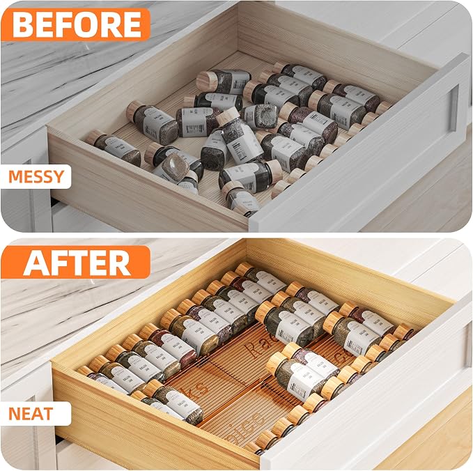 PanPanPal Spice Drawer Organizer, 4 Tier- 4 Pack Amber Acrylic Drawer Seasoning Organizer, Expandable From 11'' to 22'' Kitchen Spice Rack Organizers and Storage for Drawer (Jars not included)