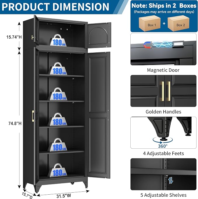 90" Tall Metal Kitchen Pantry Storage Cabinet with Doors | Black Freestanding Heavy Duty Steel Cupboard, 5 Adjustable Shelves,Extra Large Organizer for Home and Garage (2 Boxes)