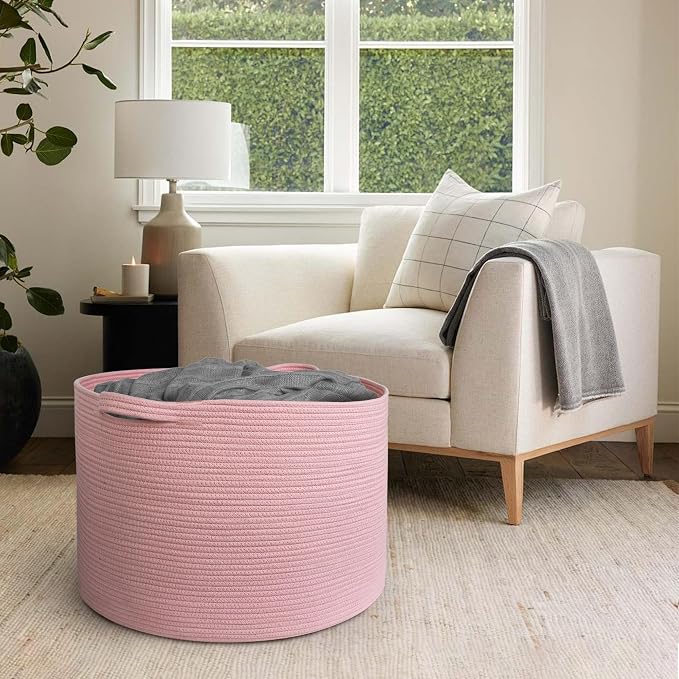 115L Oversized Pink Basket, 23.6"x15.7" Woven Cotton Rope Bin with Handles, XXXL Blanket Storage for Living Room, Kids Toy Storage Bin Box, Baby Laundry Basket for Organizing, Pink Room Decor